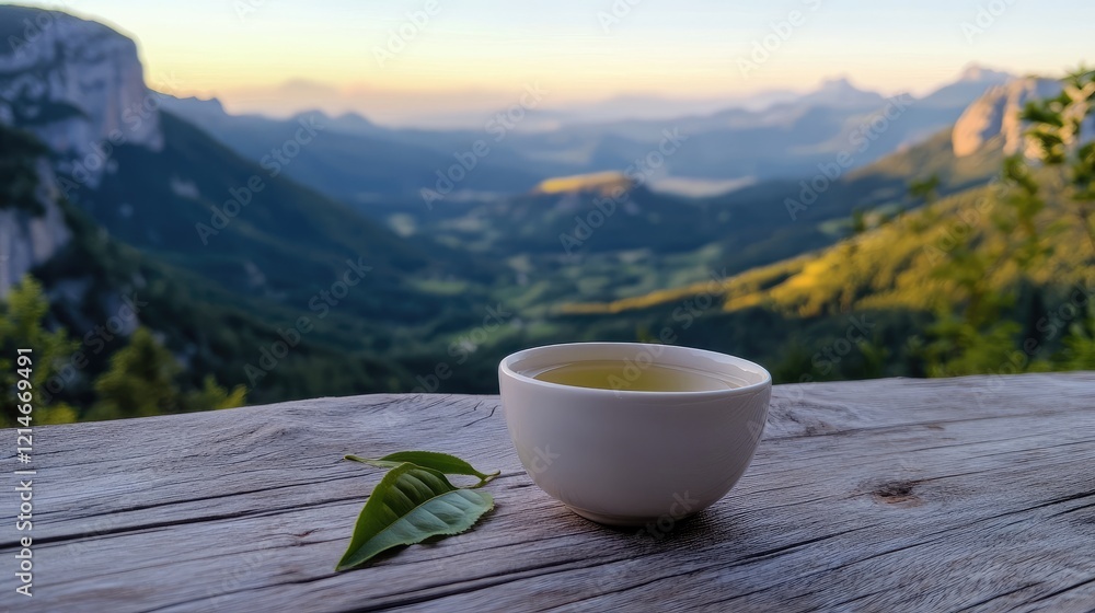A white cup of tea sits on a wooden table in front of a beautiful mountain landscape. The cup is filled with a light green tea, and a leaf is placed on the table next to it Generative Ai A white cup of tea sits on a wooden table in front of a beautiful mountain landscape. The cup is filled with a light green tea, and a leaf is placed on the table next to it Generative Ai