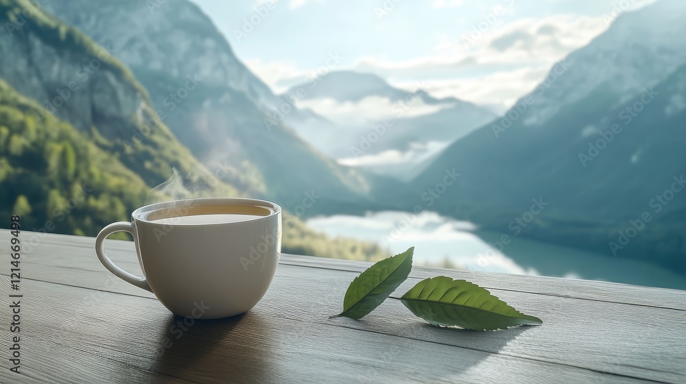 A white cup of tea sits on a wooden table in front of a beautiful mountain landscape. The cup is filled with a light green tea, and a leaf is placed on the table next to it Generative Ai A white cup of tea sits on a wooden table in front of a beautiful mountain landscape. The cup is filled with a light green tea, and a leaf is placed on the table next to it Generative Ai