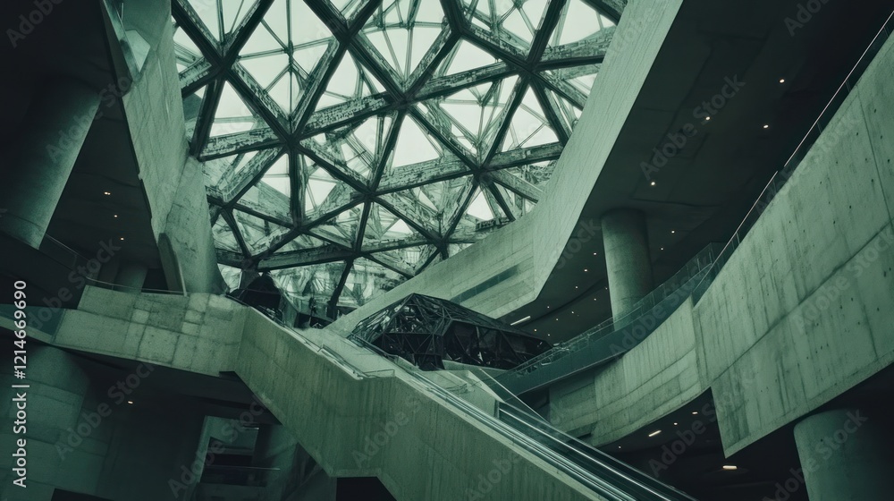 Fototapeta premium Abstract architectural interior with complex geometric shapes, concrete structures, and an escalator.