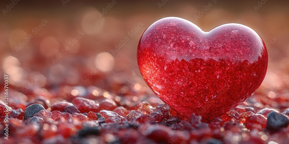 A bright red heart sits atop a pile of rugged rocks, symbolizing love and devotion A bright red heart sits atop a pile of rugged rocks, symbolizing love and devotion