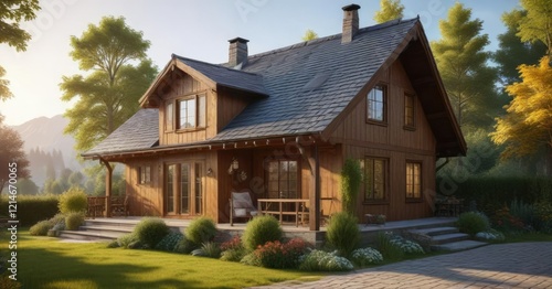 Cozy cottage with wooden facade and sloping roof , natural wood, wooden cottage photo