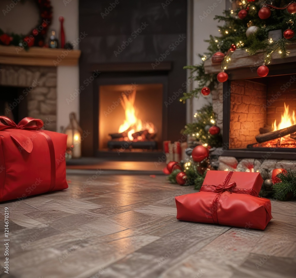 Cozy Christmas scene with a red package on the floor near the fireplace, cozy interior, winter wonderland Cozy Christmas scene with a red package on the floor near the fireplace, cozy interior, winter wonderland
