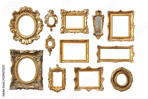 A collection of gold framed pictures with a variety of shapes and sizes. on transparent background.