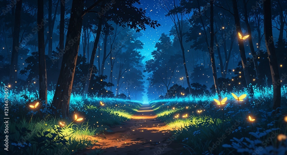 Obraz premium Starlit forest path glowing softly fireflies around on anime background