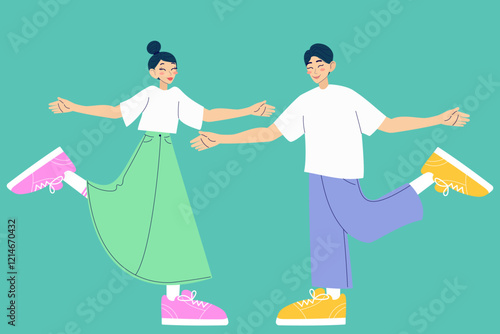 Cheerful girl and boy. Hugging love couple. Modern isolated vector illustration.