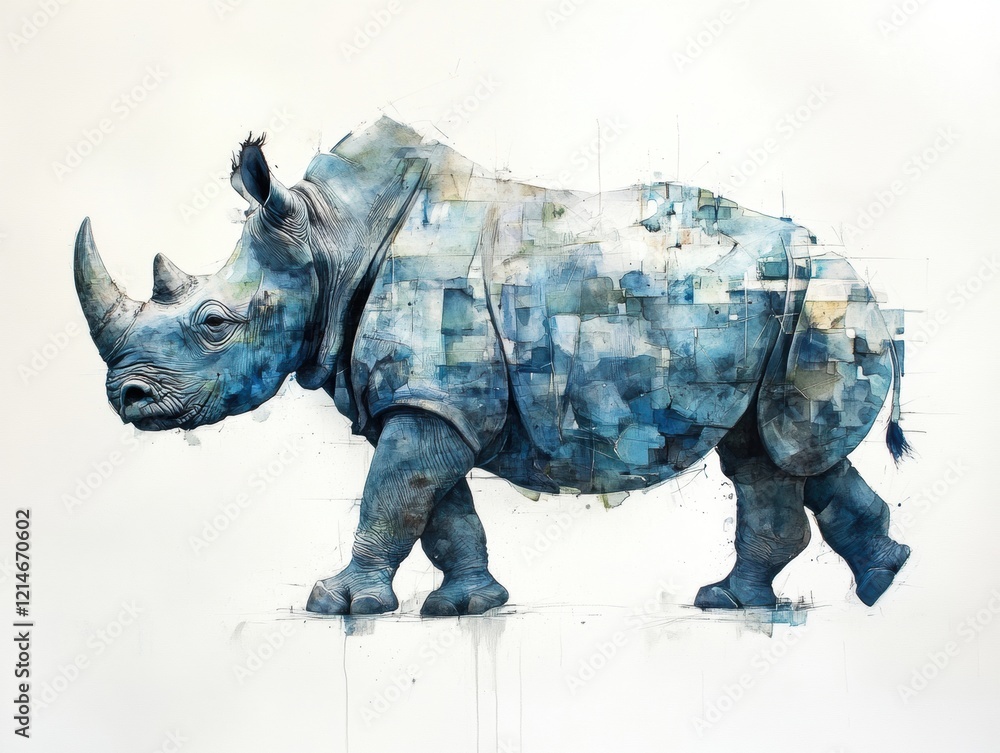 Fototapeta premium A rhino is walking in a blue and white painting