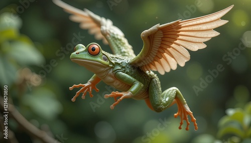 A frog with Pegasus-like wings for leaping and flying. 1 photo