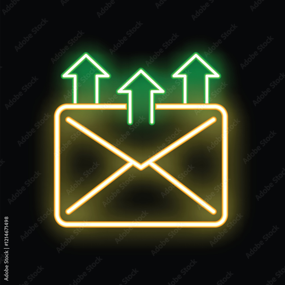 Neon envelope with three arrows pointing up, symbolizing the sending and receiving of emails in the digital age Neon envelope with three arrows pointing up, symbolizing the sending and receiving of emails in the digital age