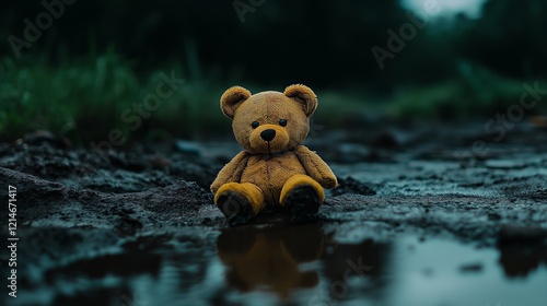 Abandoned  bear lying in muddy puddle on rainy day outdoors photo