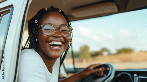 Young black woman with glasses and braided hair laughing joyfully while driving a white van through a sunny countryside, embracing the freedom of a carefree road trip adventure