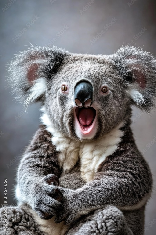 Fototapeta premium Close-up of a koala's face with its mouth open, suitable for illustrations or educational materials,