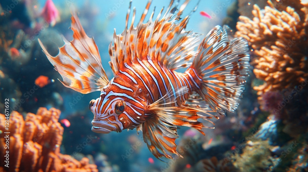 Obraz premium Lionfish with intricate fins gliding through a rich coral reef, highlighting its beauty and marine habitat, perfect for underwater and nature-focused imagery.