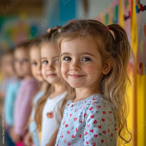 Cheerful children standing in line at daycare, symbolizing childhood, education, and social interaction. Perfect for parenting visuals, school themes, and lifestyle photography.