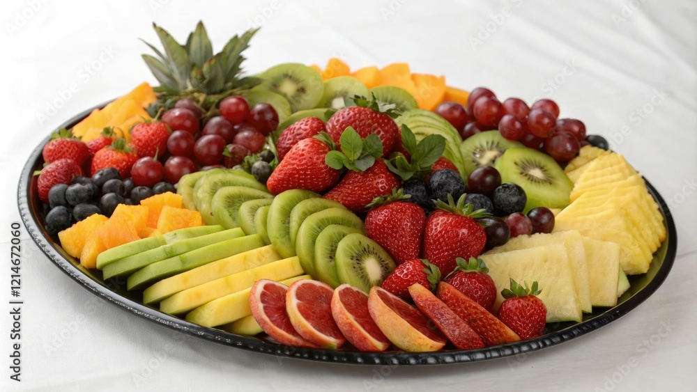 Fresh fruit platter with colorful arrangement of seasonal fruits, salad, organic, healthy food, snack Fresh fruit platter with colorful arrangement of seasonal fruits, salad, organic, healthy food, snack