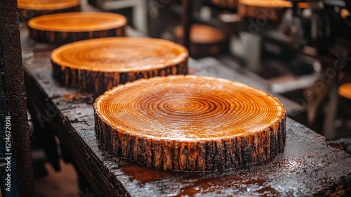 Close-up of polished wooden logs on a workshop table, showcasing craftsmanship and texture photo