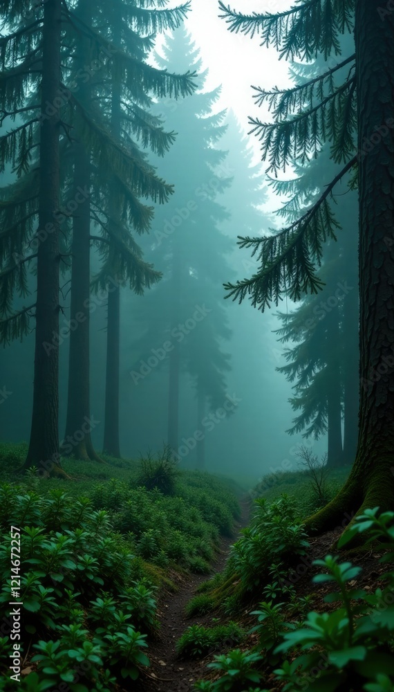 Obraz premium Foggy misty atmosphere in dense spruce forest, green, eerie, spruce