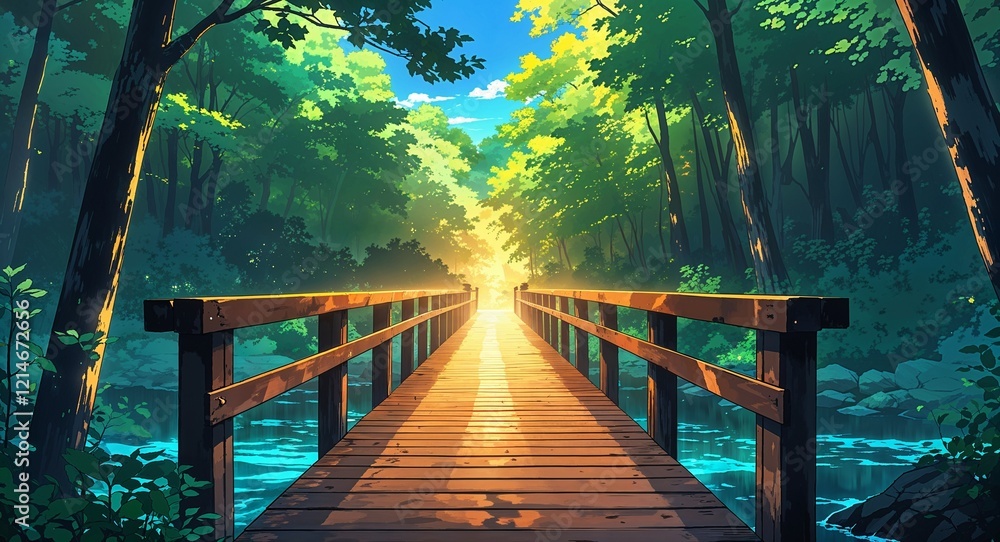 Fototapeta premium Wooden pier leading to forest glowing on anime background
