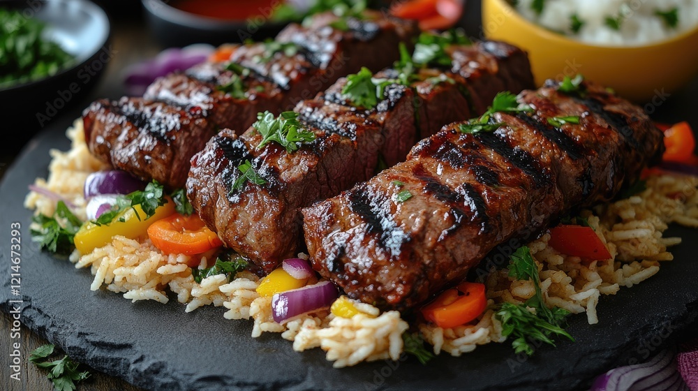 Grilled steak, rice, vegetables; rustic kitchen setting; food blog, recipe Grilled steak, rice, vegetables; rustic kitchen setting; food blog, recipe