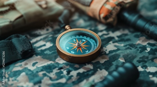 Navigational compass on camouflage gear outdoor adventure tactical environment close-up exploration photo