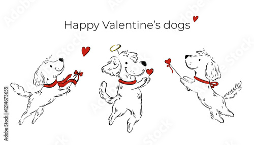Vector Valentine's day dogs collection. Line art dogs with bows and hearts isolated on white background