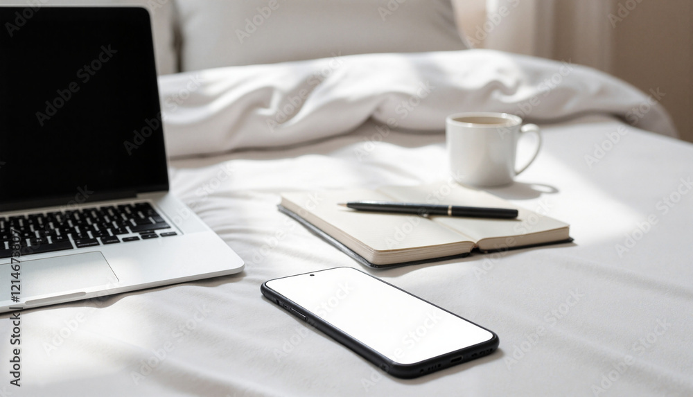 Laptop and smartphone on bed with notebook and coffee cup, smartphone mockup on bed Laptop and smartphone on bed with notebook and coffee cup, smartphone mockup on bed