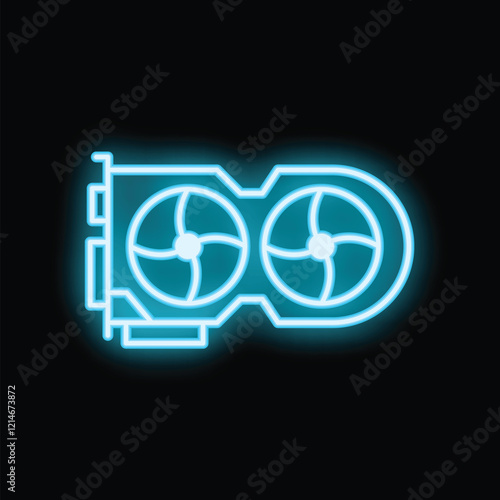 Blue neon icon of a computer graphics card with two cooling fans, glowing on a dark background