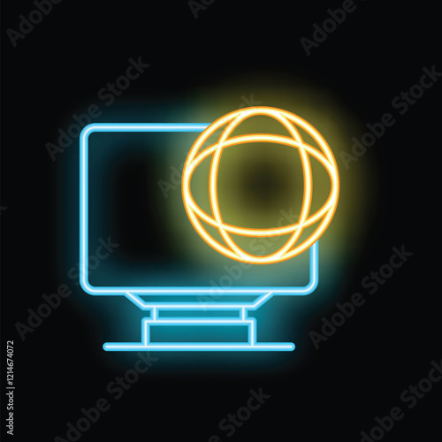 Neon computer monitor displaying glowing world globe icon on black background, concept for internet, globalization, global communication