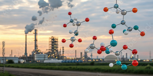 Chemical molecule balloons float over industrial plant at sunset, Volatile organic compounds (VOCs) concept photo