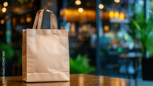 Wallpaper Mural Brown Paper Bag on Wooden Table in a Blurred Cafe Setting Torontodigital.ca