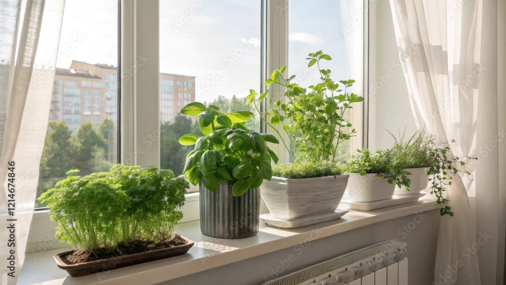 A large sunlit window frames the view allowing natural light to flood the space while indoor herb gardens flourish on the sill providing fresh ingredients and enhancing indoor air A large sunlit window frames the view allowing natural light to flood the space while indoor herb gardens flourish on the sill providing fresh ingredients and enhancing indoor air