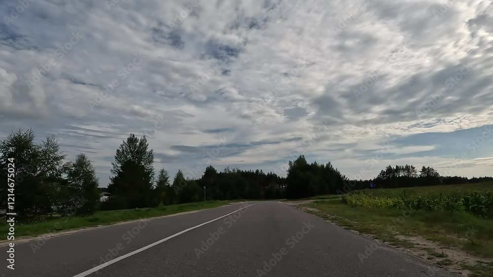 Highways, roadside and road line markings. The car drives along the road on a summer day. Highways, roadside and road line markings. The car drives along the road on a summer day.