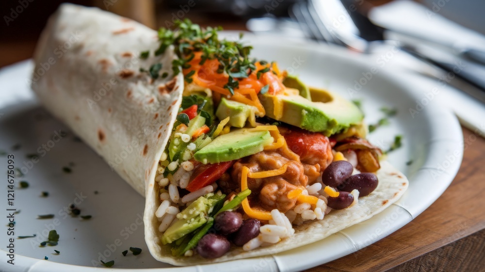 Vegetarian burrito with beans, rice, avocado, and vegetables served on plate Vegetarian burrito with beans, rice, avocado, and vegetables served on plate