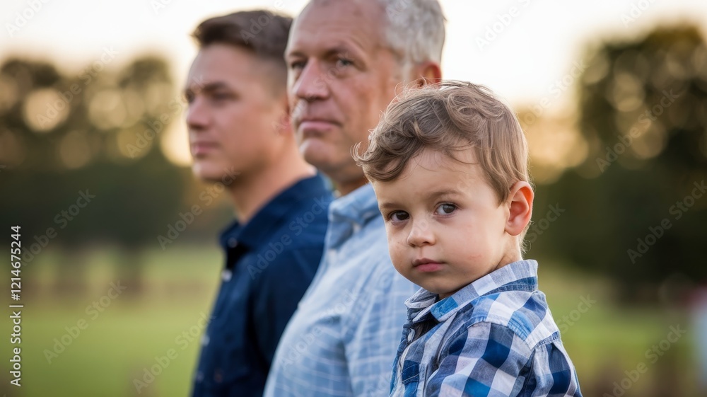 Fototapeta premium Three-generation male family portrait outdoors, young boy in blue plaid shirt foreground while middle-aged father and senior grandfather stand behind in soft-focus countryside at sunset