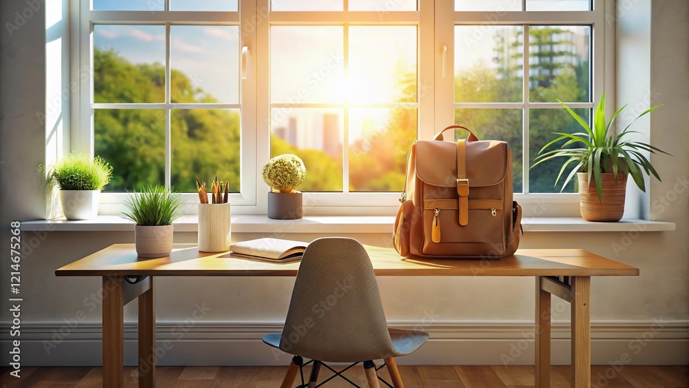 Fototapeta premium Stylish Backpack on Desk by Window: Freelancer Workspace, Modern Office, Travel Prep, Minimalist Aesthetic, Study Space