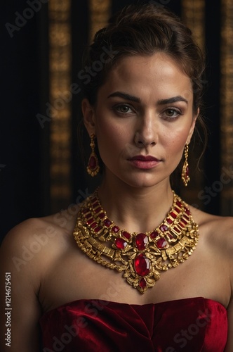 Spanish lady in a necklace red dress with golden jewelry with inlets of red rubins. photo