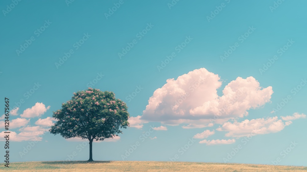 Minimalist landscape showcasing a solitary tree under a bright blue sky with fluffy clouds on a sunny day in a tranquil open field Minimalist landscape showcasing a solitary tree under a bright blue sky with fluffy clouds on a sunny day in a tranquil open field
