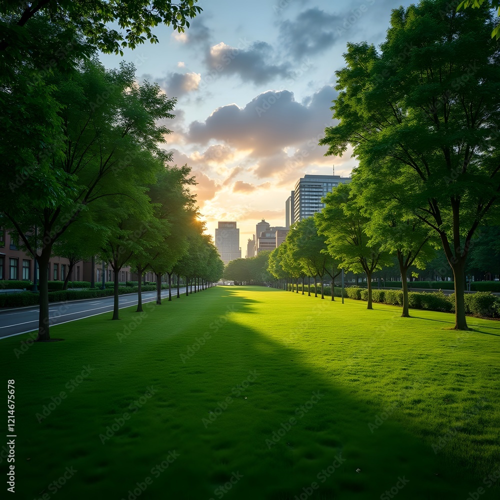 Obraz premium Vibrant Green City Park at Dusk Capturing Health and Vitality