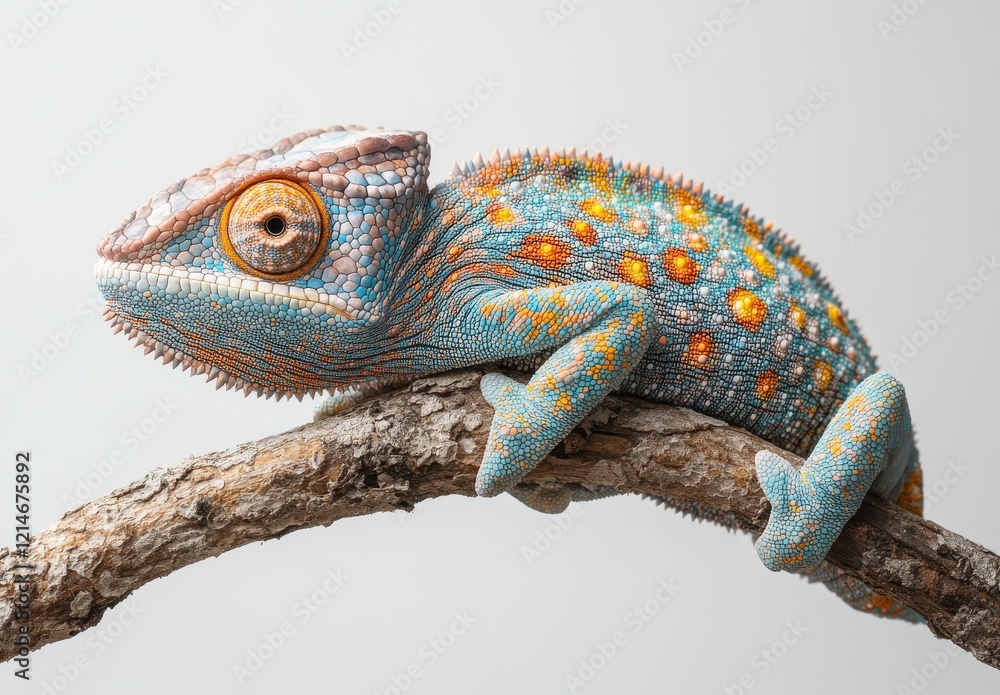 Obraz premium Stunning Close-Up of a Colorful Chameleon Against a Neutral Background, Showcasing Its Unique Texture, Vivid Colors, and Intricate Patterns in a Natural Habitat Setting