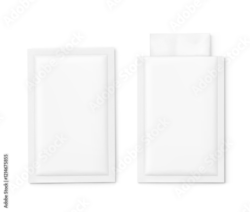 Open and closed sachet bag mockups for single wet wipe. Vector illustration isolated on white background. Flat lay view. Can be use for template your design, presentation, promo, ad. EPS10.