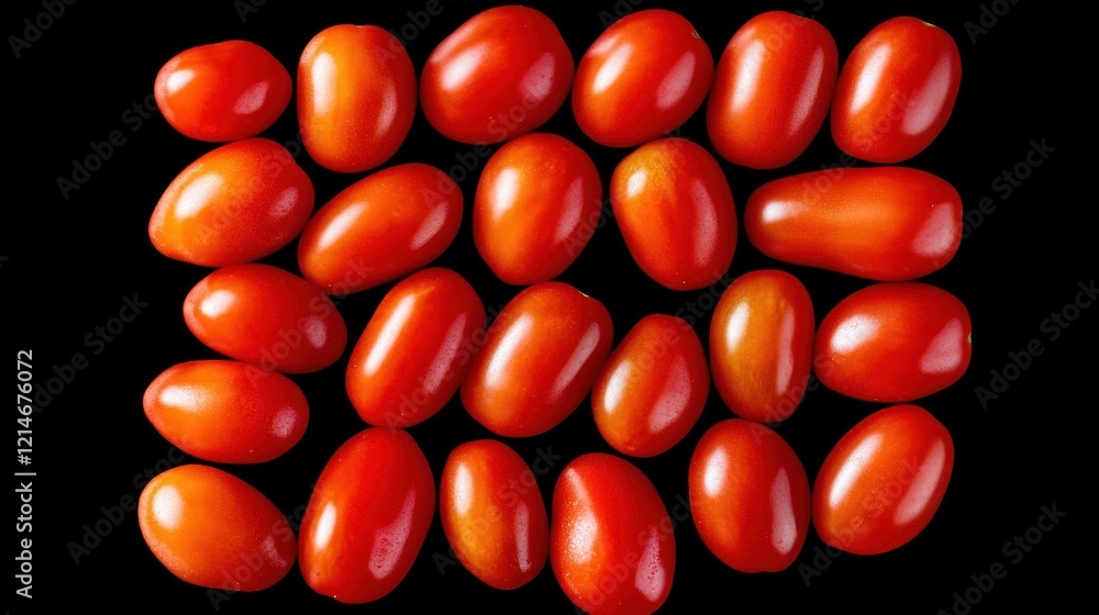 Top view of many red cherry tomatoes arranged on black background. Top view of many red cherry tomatoes arranged on black background.