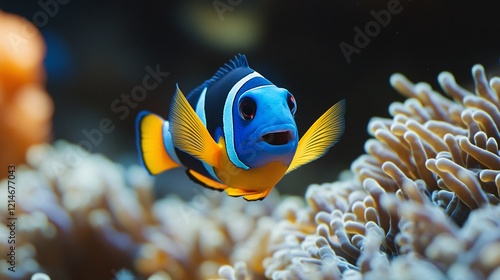 Vibrant blue tang fish swimming by a sea anemone with waving tentacles, set in a lively Caribbean coral reef, ideal for marine life and underwater visuals. photo