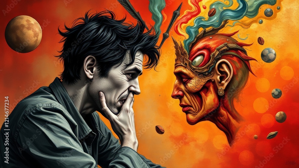 Surreal digital artwork of man facing colorful demonic figure on fiery background