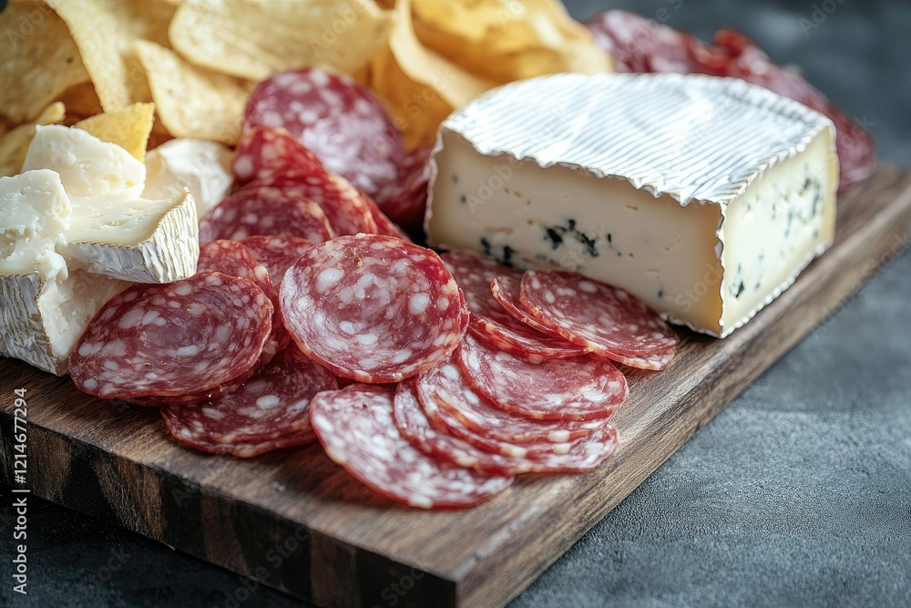Exquisite charcuterie board with imported cheeses and meats compared to a corner store bag of chips and dip, artistic focus, copy space background Exquisite charcuterie board with imported cheeses and meats compared to a corner store bag of chips and dip, artistic focus, copy space background