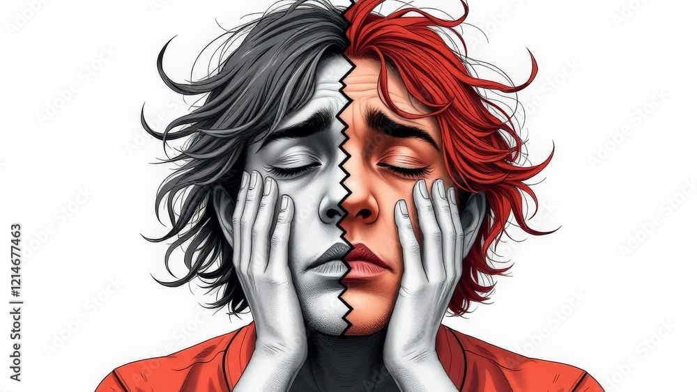 Illustration of person split in two halves with contrasting emotions and color palettes
