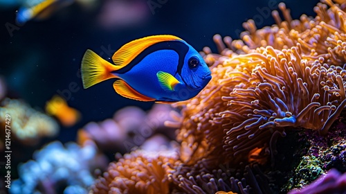 blue tang swimming near a colorful sea anemone with gently waving tentacles, amidst a thriving Caribbean coral reef full of marine life. photo