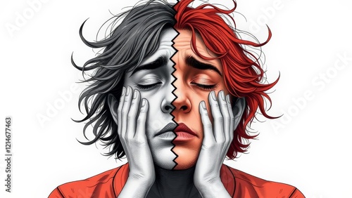Obraz na płótnie Illustration of person split in two halves with contrasting emotions and color palettes w salonie