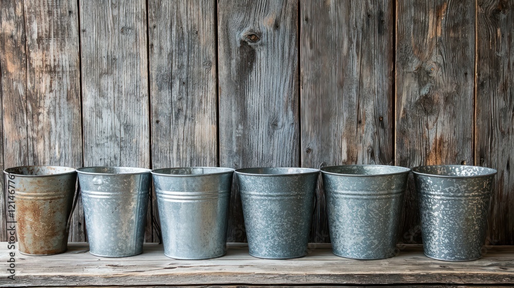 Rustic galvanized metal buckets arranged in a row on a wooden surface Rustic galvanized metal buckets arranged in a row on a wooden surface