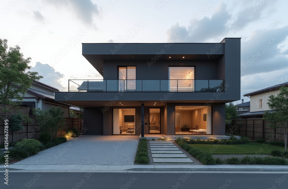 Modern two-story house with minimalist design and warm interior lights at dusk