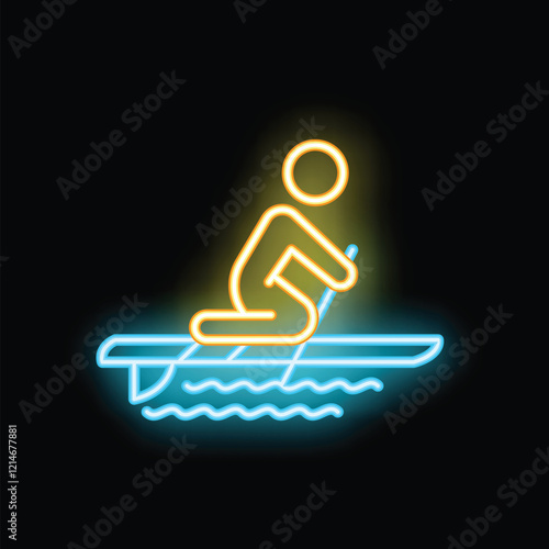 Neon sign representing a man kneeling and paddling on a stand up paddle board, a fun and trendy water sport