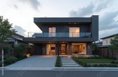 Obraz na płótnie Modern two-story house with minimalist design and warm interior lights at dusk w salonie